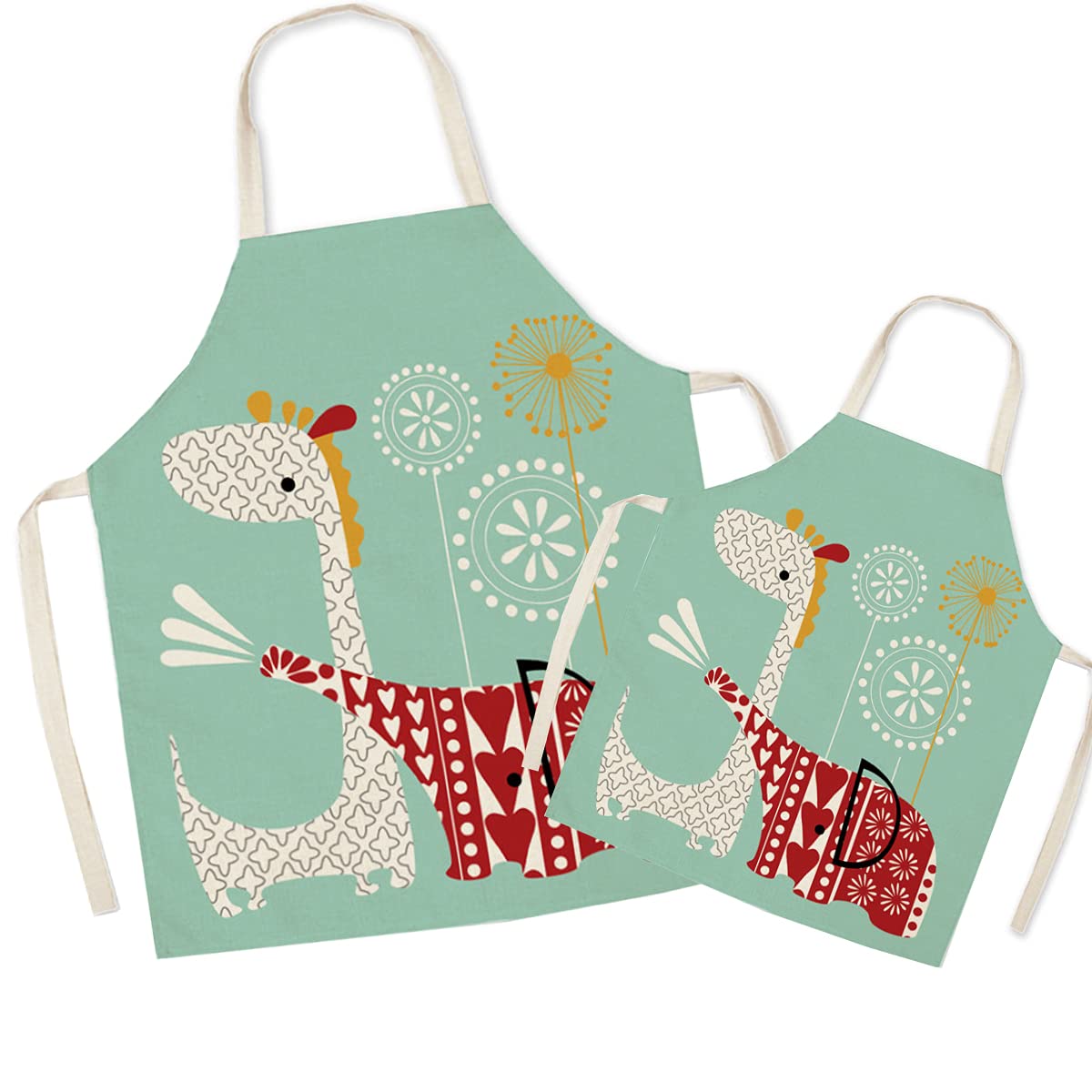 FOMAISELF Linen Parent and Child Cooking Apron - Cute Elephant and Giraffe Pattern Mum and Kids Apron, Mummy and Son Aprons for Cooking Baking Painting Party