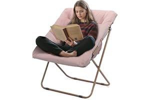 Athena Collection Saucer Chair for Adult, Square Comfy Cozy Chair Folding Chair Faux Fur Metal Frame Foldable Reading Chair Accent Chair for Bed Room Living Room, Pink