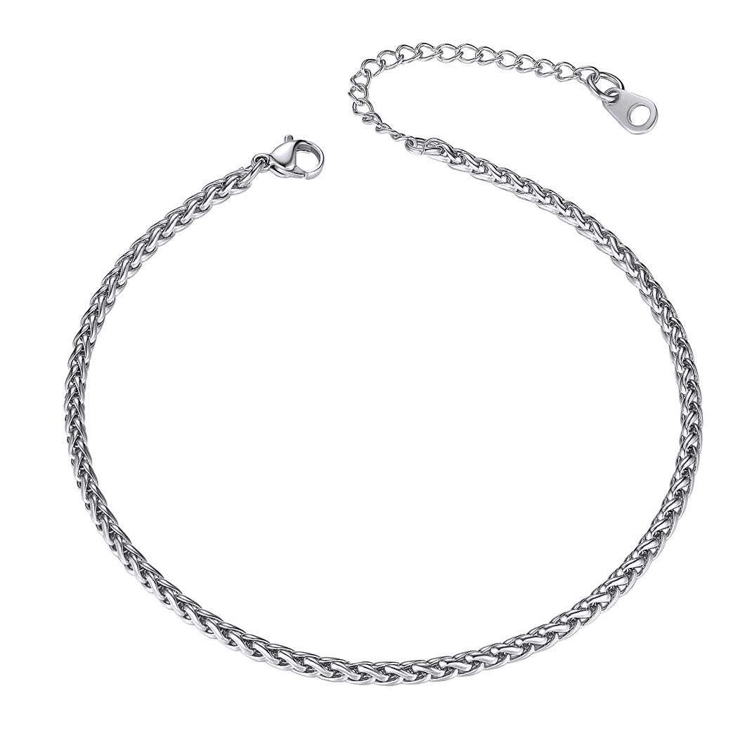 GoldChic Stainless Steel Wheat Ankle Bracelets, 3mm Anklet Chain for Women Girls, 9 inches