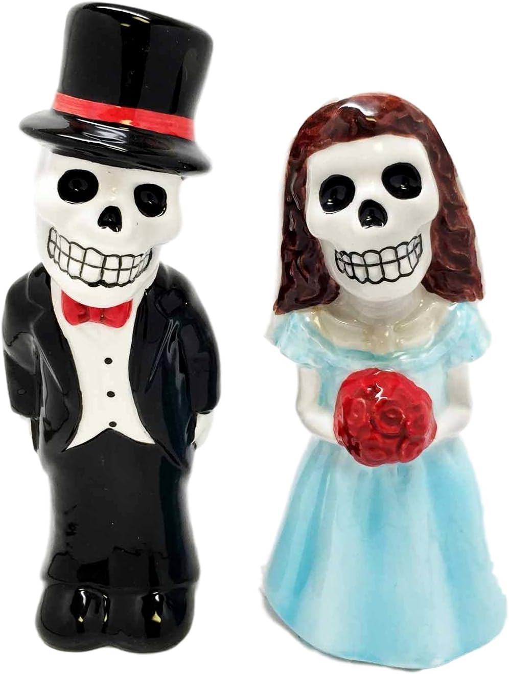 Day of The Dead Blue & White Sugar Skulls With Rhinestones Ceramic Salt Pepper Shakers Figurine Set