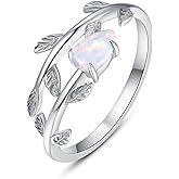 PRAYMOS 925 Sterling Silver Leaf Ring White Opal Moonstone Rings Adjustable Open Ring for Women with Jewelry Box Size 7-9