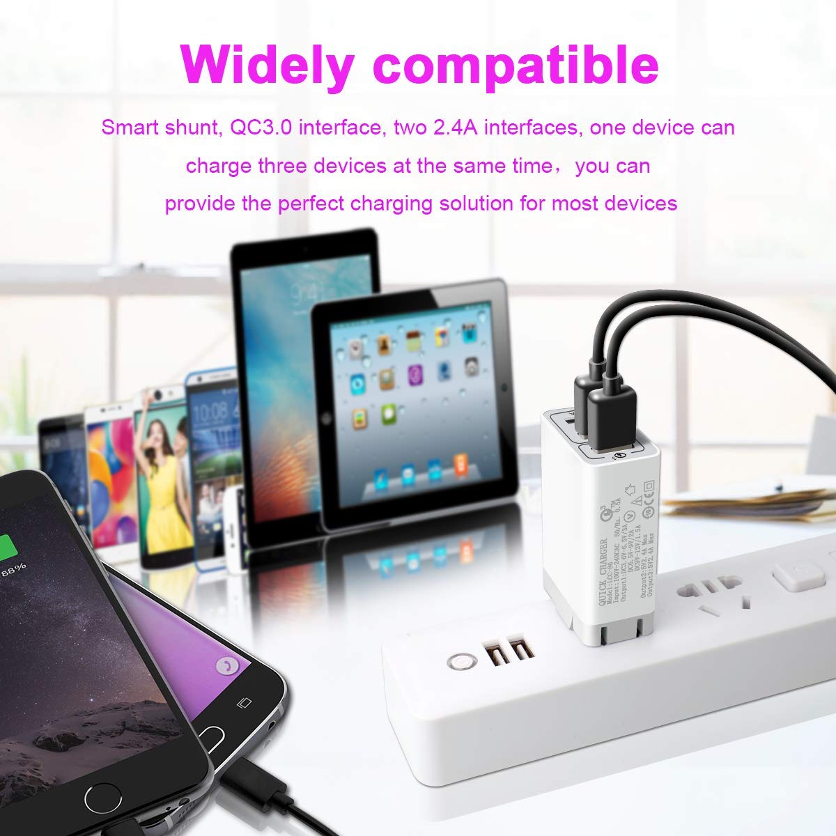 Quick Charge 3.0 Wall Charger, 30W 3 Port Travel Wall Fast Charger Adapter QC3.0 QC2.0 SmartPorts+Detachable Plug for iPhoneX/8/7/6 Samsung s9S8/S7,Note8/7,LG,iPd,Sony,HTC (White)