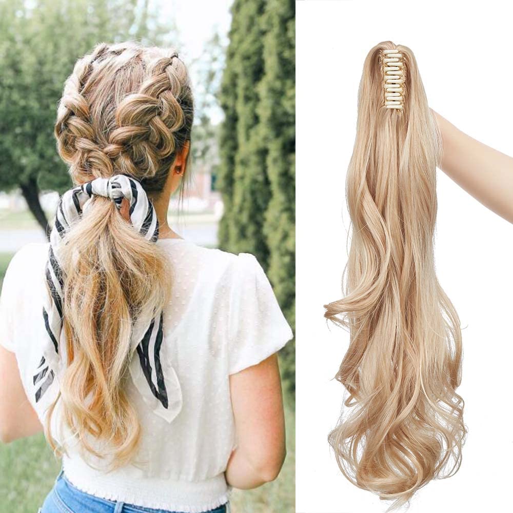 24"/60cm Curly Claw On Ponytail Extension Matte Material Wavy Clip In Pony tail Synthetic Hairpiece For Women, Dark Blonde Mix Bleach Blonde