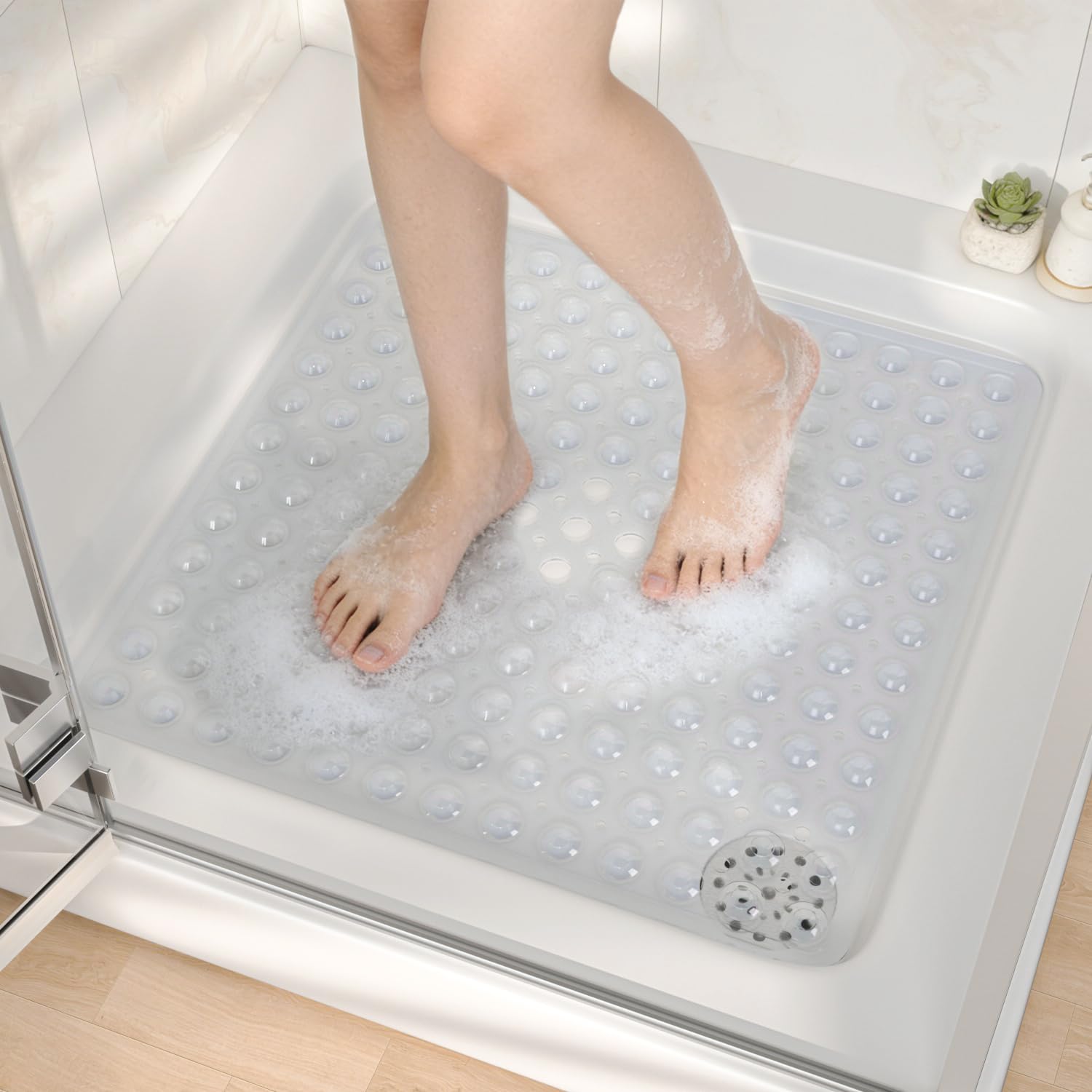HITSLAM Square Shower Mat Non Slip Anti Mould, 53 x 53cm Bath Mat for Tub with Suction Cups and Drain Holes, Machine Washable Bathroom Anti Slip Shower Mat, Soft on Feet, Clear