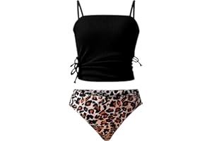 Girls Swimsuit 2 Piece Halterneck Tankini Top Cute Leopard Print Bottom Summer Beach Teen Girls Bathing Suits for 6‐14 Years
