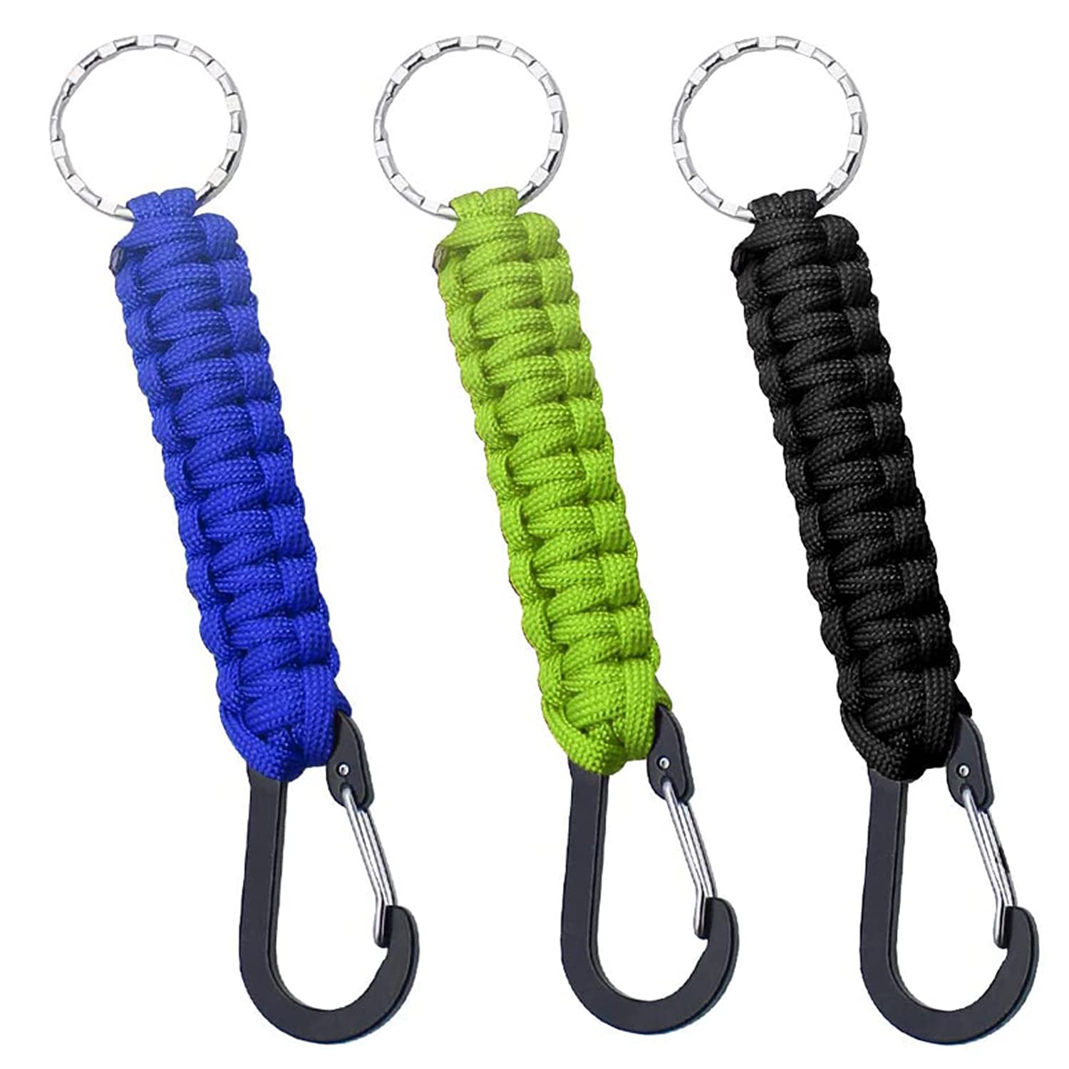 XPOOP 3 Pcs Braided Rope Keychain with Carabiner Clip and Key Ring, Lanyard Keychain with D-Ring Hook, Suitable for Outdoor, Hiking, Camping (Blue, Black, Green), 15x2.5cm