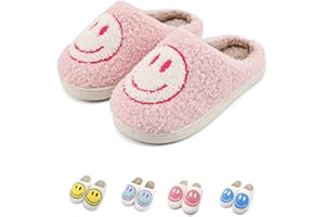 FUUPNN Smile Face Slippers for Girls & Boys, Retro Cute Soft Plush Indoor/Outdoor Shoes, Fuzzy House Lightweight Slippers with Memory Foam Warmth, Non-Slip, White, Unisex-Kids, Children