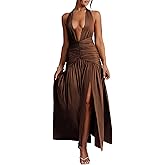 Ekaliy Women's Sexy Halter Deep V Neck Maxi Dress Sleeveless Backless High Slit Ruched Long Dress Summer Party Cocktail Dress