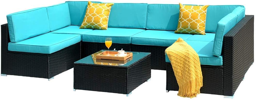 DKLGG 7 Pieces Patio Furniture, Outdoor Rattan Conversation Set, Blue : Garden & Outdoor