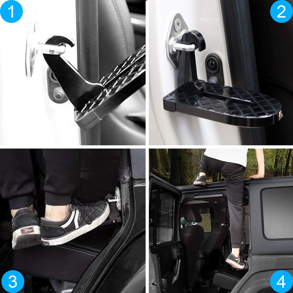 Car Doorstep Vehicle Folding Ladder Hooked on U Shaped Slam Latch Easy Access to Car Roof Rack Rooftop Assistance Doorstep with Safety Hammer Doorstep Black for Jeep SUV Off-Road Vehicles