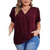 Women's Plus Size Casual Blouses Solid Business Work Tops Petal Short Sleeve V Neck Loose Fit T Shirt Summer Trendy 2026