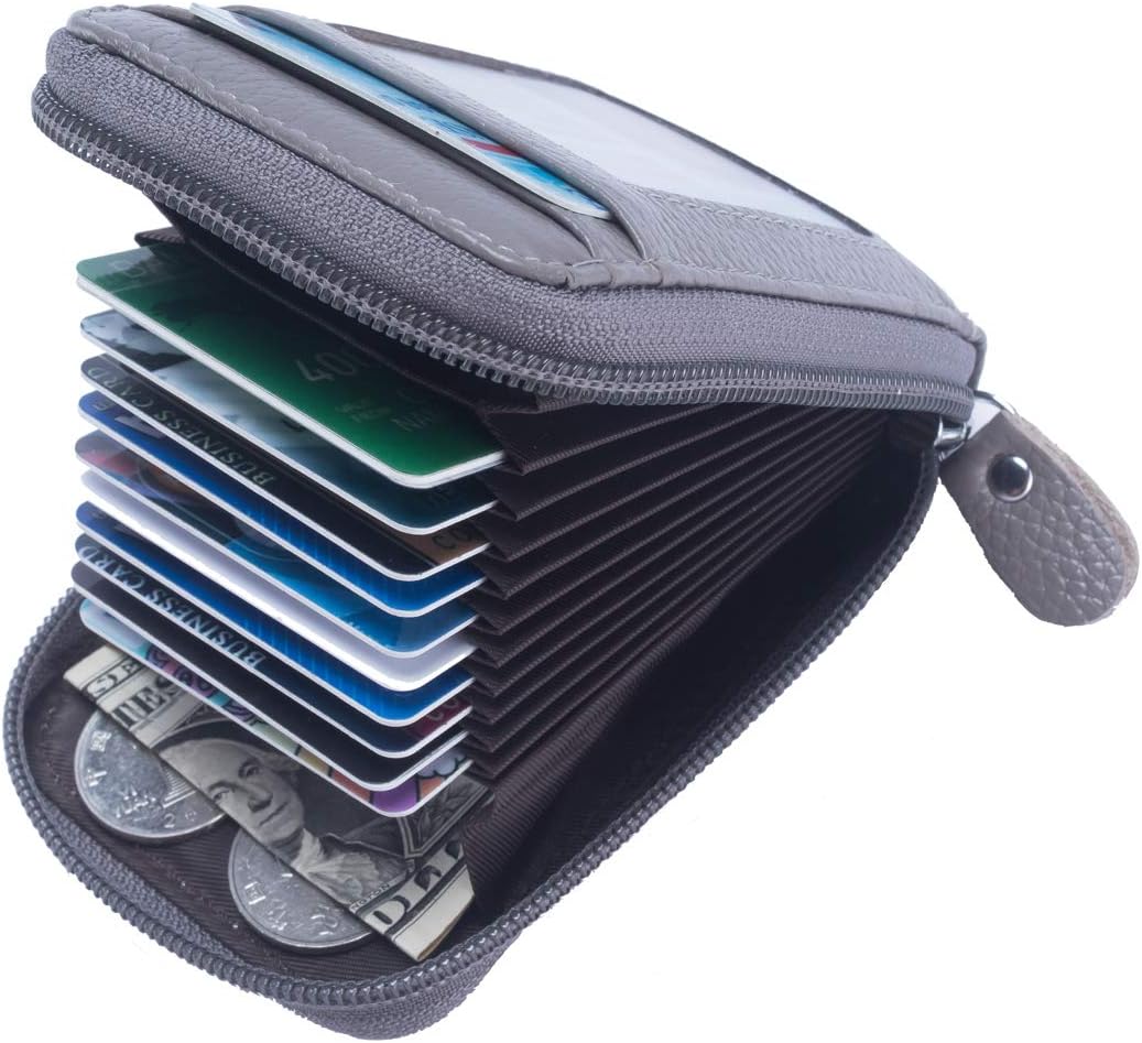 Talendi Genuine Leather Zipper Credit Card Wallet RFID Credit Card Protector ID Card Window Credit Card Holder Wallet (Vertical Gray)