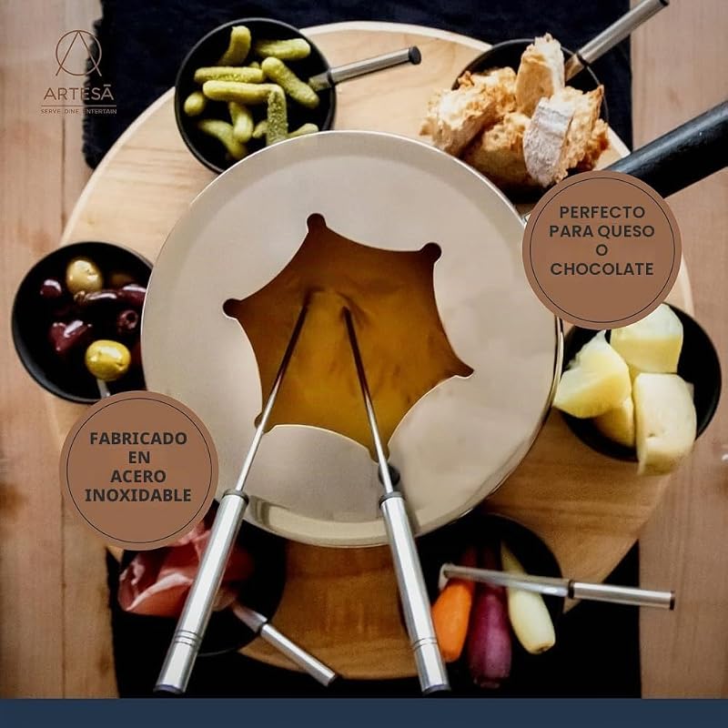 Conjunto de Fondue para Gira-discos Artesà Lazy Susan, Tacho de Fondue em Aço Inoxidável com Fogão, Recipientes e Utensílios, Conjunto de 22 Peças, Preto