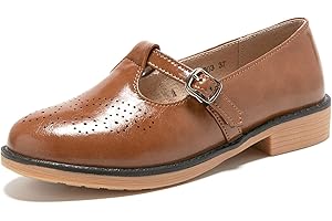 TRULAND Women's Leather Mary Jane Oxfords Shoes - Slip On T-Strap Loafers Casual Closed Toe Dressy Flats Shoes for Office Work
