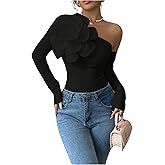 OYOANGLE Women's 3D Floral One Shoulder Tshirt Party Slim Fitted Going Out Tops