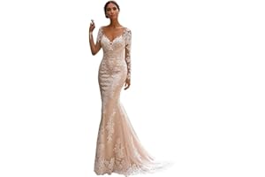 HEGABCH Beach Mermaid Wedding Dresses for Bride 2024 Lace Appliques Long Boho Elopement Bride Dress with Train