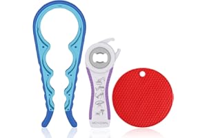 MEYUEWAL Jar Opener- Pad Rubber Jar Can Lid Opener, 5 in 1 Multi Function Can Opener Bottle Opener Kit with Silicone Handle Easy to Use for Children, Elderly and Arthritis Sufferers (JAR+D BLUE)