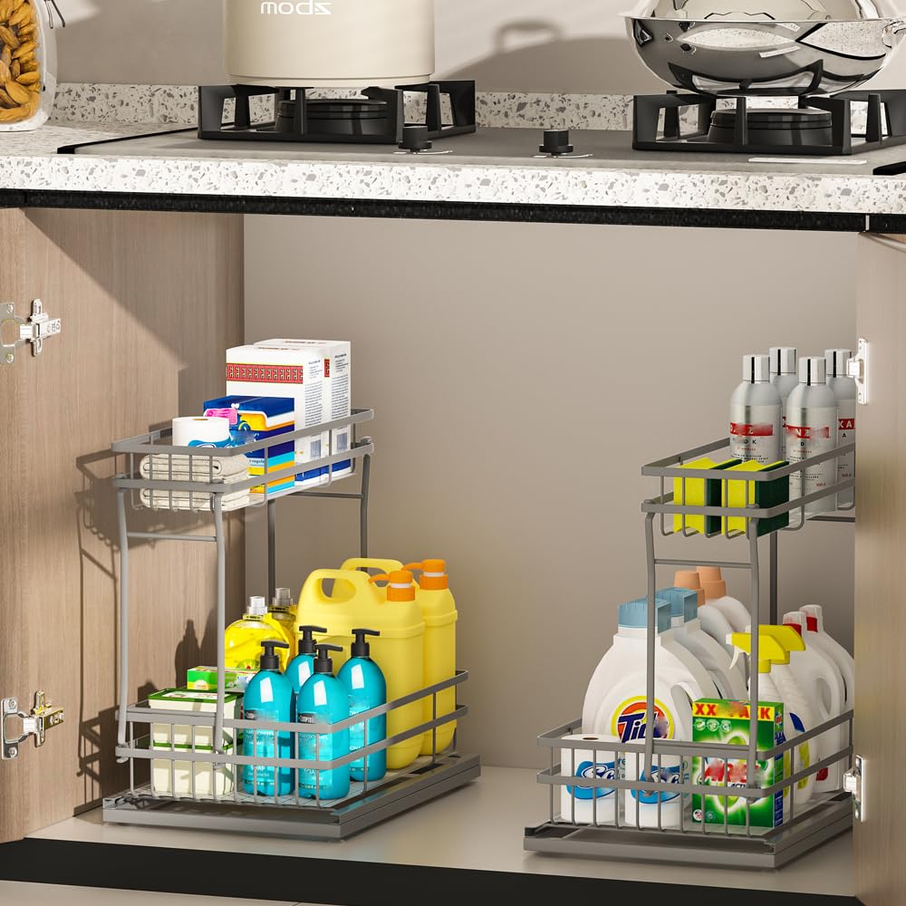 Photo 1 of Zufudo 2 Pack Under Sink Organizers and Storage, 2 Tier Pull Out Cabinet Organizer, Metal Sliding Drawer Storage for Kitchen Bathroom?Gray