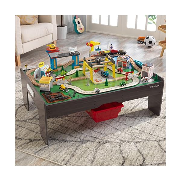 KidKraft 18026 My Own City-Fahrzeug und -Spieltisch mit EZ Kraft Assembly Bahngleis-Set und Tisch aus Holz, Grau – Bild 4