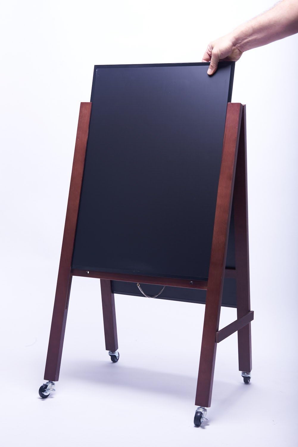 New! Sidewalk A-frame Mahogany Sandwich Chalkboard Sign With Wheels. Double-sided Slide-in Magnetic Chalkboards (21" x 34") for liquid or normal chalk. + BONUS: Eraser, Magnets, Chalk.