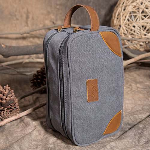 Kemy's Mens Toiletry Bag Leather Canvas Toiletries Travel Bag Grooming Shaving Bags for Men Dopp Dob Dobb Kits Toilet Hygiene Bathroom Bag Double Compartment for Traveling Waterproof Easter Gift Black