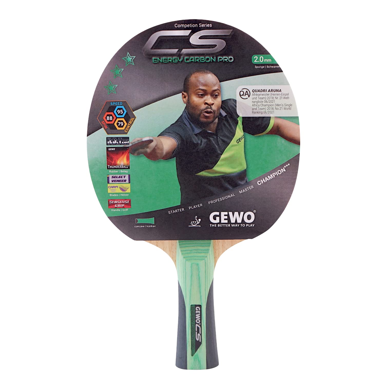 GEWO CS Energy Carbon Pro Table Tennis Bat ITTF Approved Carbon Racket with Controlled Coating and High Rotation Properties, Concave, 2.0 mm Sponge
