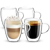 Olyzer Double Wall Glass Coffee Mugs, 350ml Glass Coffee Mug, Set of 4 Cappuccino Cup with Handle, Insulated Latte Espresso C