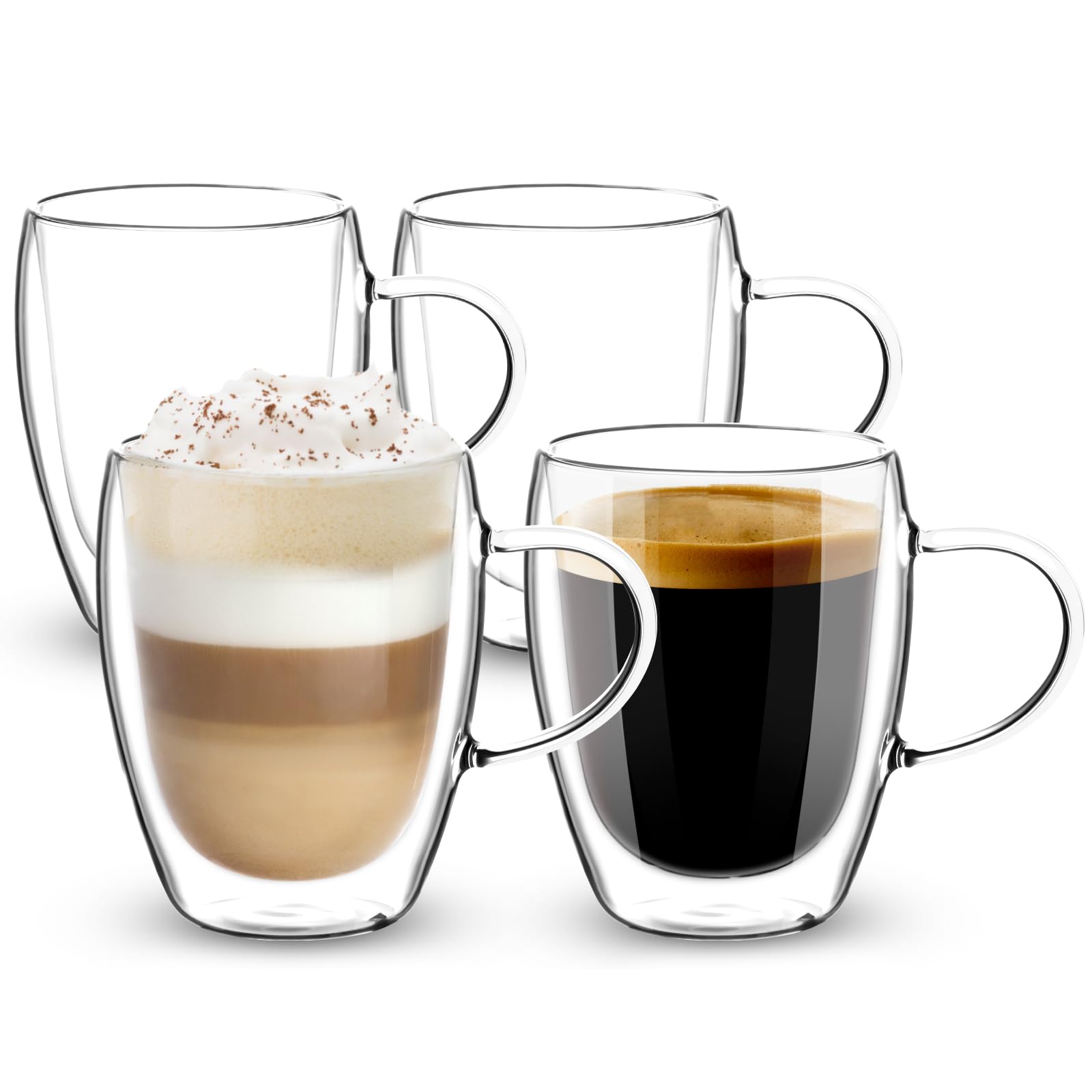 Esilihom 4 Pack Double Walled Coffee Glasses Mugs, 350ml/12oz Cappuccino Latte Macchiato Glasses Cups with Handle, Heat Resistant Borosilicate Glasses Cup for Coffee Tea Milk Juice Ice Cream