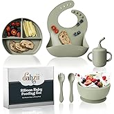 Dahzii 6-Piece Silicone Baby Feeding Set Non-Slip Suction Plate, Bowl, Spoon, Fork, Cup, Bib. BPA-Free, Dishwasher & Microwave Safe for Babies & Toddlers