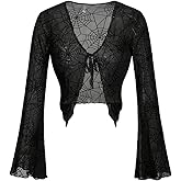 SweatyRocks Women's Lace Gothic Tops Tie Front Bell Sleeve See Through Tee Shirt Y2K V Neck Mesh Sheer Crop Party Top