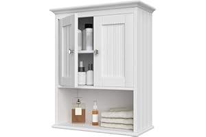 Treocho Wood Wall Cabinet, Bathroom Medicine Cabinet Storage with Doors and Adjustable Shelf, Rustic Cabinet Wall Mounted for Bathroom, Livingroom, Kitchen, Cupboard, White