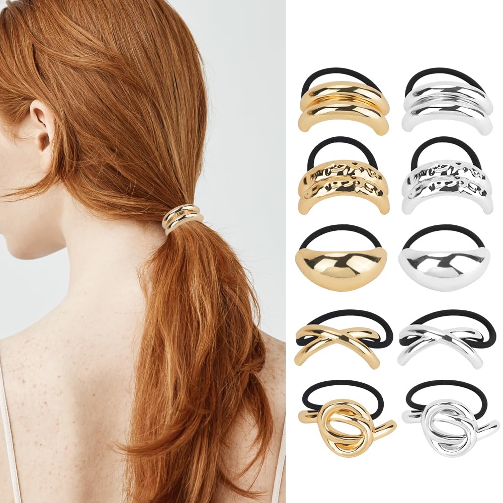 SITAKEGS Metal Hair Ties, 10Pcs Gold Siliver Ponytail Hair Cuff Elastic Hair Ties, Hair Cuff Wrap Metal Ponytail Holder, Glossy Hair Band Hair Rope Hair Rings for Women Girls Hair Accessories