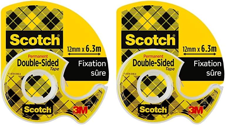 Scotch Double-Sided Tape, 1 Roll on Handheld Dispenser, 12 mm x 6.3 m - Clear Double Sided Sticky Tape, Strong, Long-Lasting, and Photo-Safe (Pack of 2)