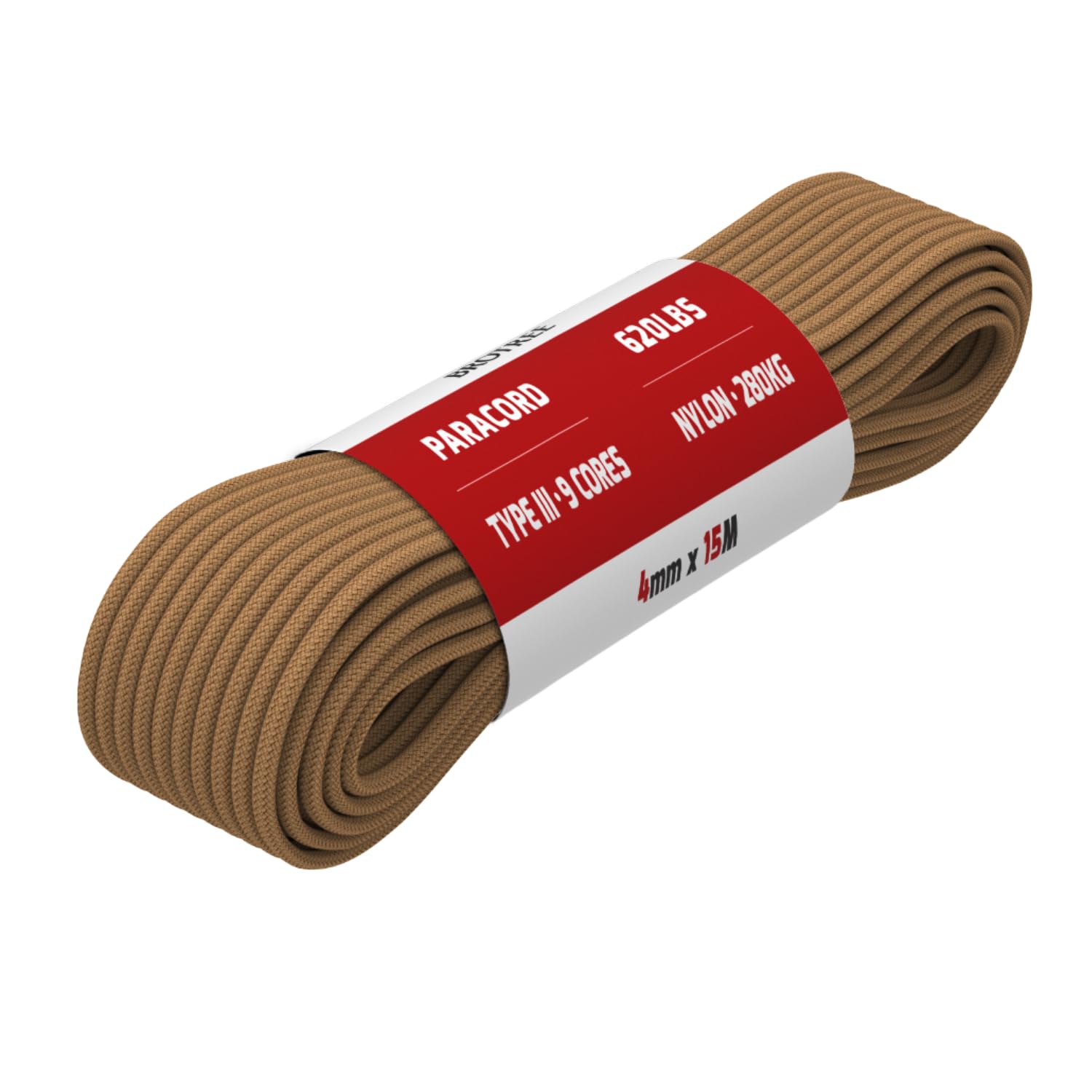 Brotree Paracord 4mm 15M 9 Strands 100% Nylon Rope Type 3 Parachute Cord for Outdoor, Bracelet, DIY - 280kg Breaking Load (Coyote Brown)