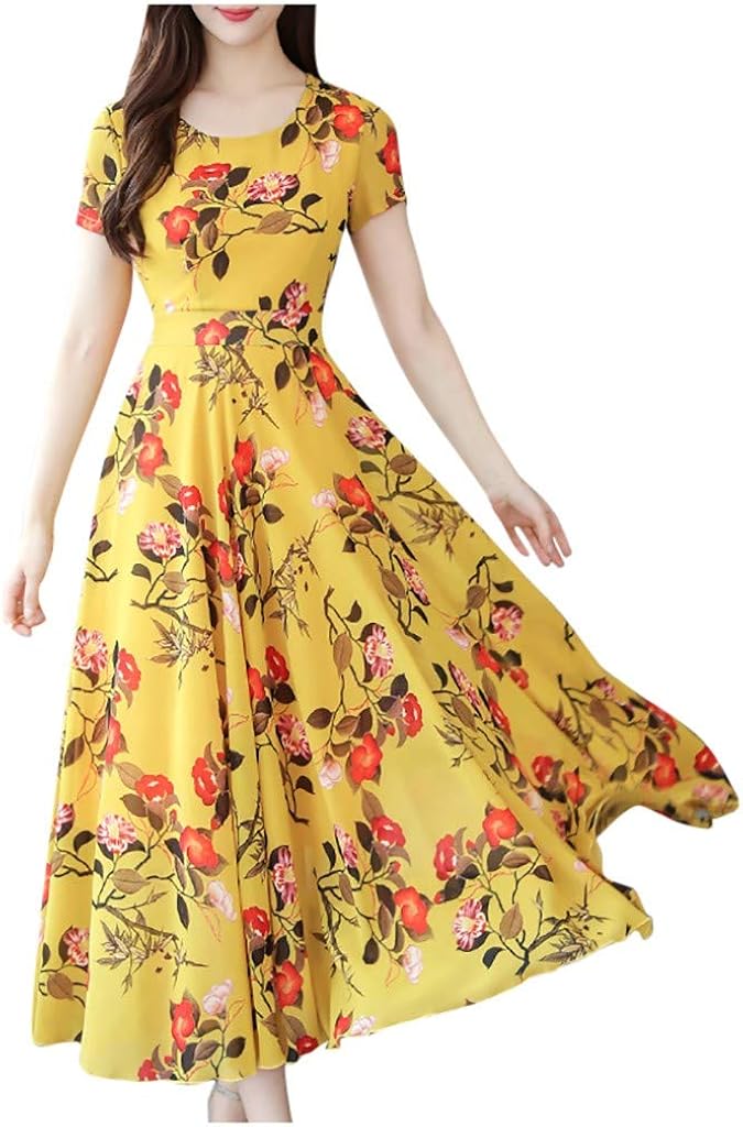 JUSTWIN Women's Round Neck Print Dress Short Sleeve Beach Printing Grace Mid-Calf Elegant Dress