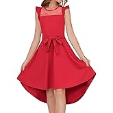 grewley Girls Dresses Summer Ruffle Sleeve Mesh A Line Casual Party Dresses Belted Dress with Pockets 5-14 Years