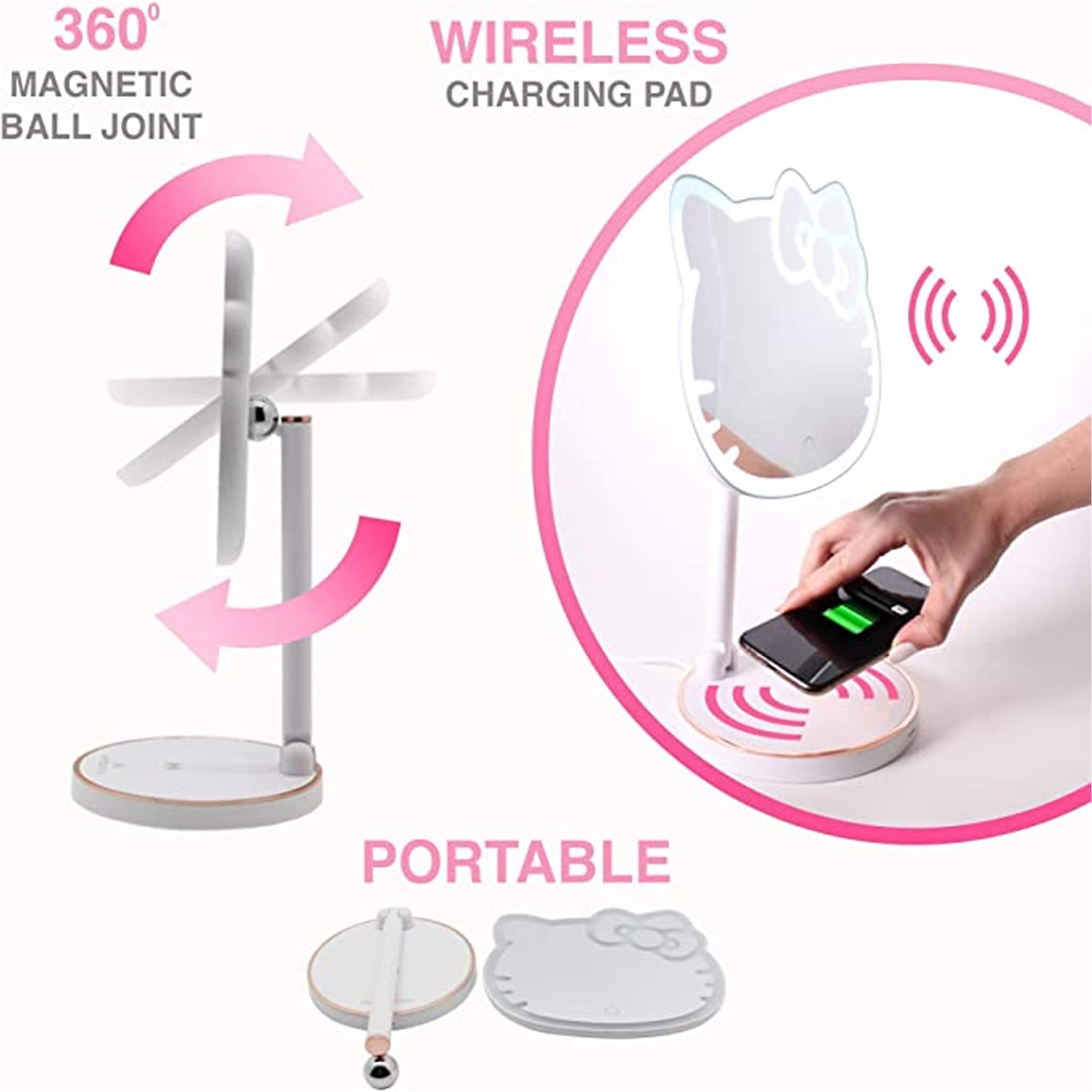 Impressions Vanity Hello Kitty Tabletop Mount LED Rechargeable Makeup Mirror with 360 Degree Rotation, Touch Sensor Desk Mirror with Light Strip and Adjustable Brightness