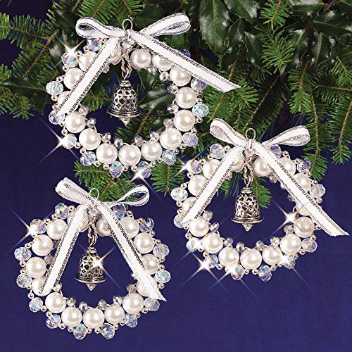 Solid Oak Beaded Orn Bell Wreath, Silver,White