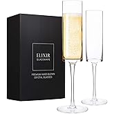 ELIXIR GLASSWARE Champagne Flutes - 6 oz - Set of 2 Crystal Glass Flutes, Hand Blown Edge Champagne Glasses - Premium Crystal Champagne Glasses - Wedding Gifts for Couples, Engagement Gift