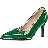 Younton High Heels Pumps for Women Stiletto High Heel Beaded Pumps Pointed Toe Heels for Party Office Dress 9 CM Patent Leather Green US Size 9.5