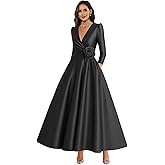 MCOLLNAS Long Satin Mother of The Bride Dresses for Women A Line Long Sleeve Formal Dress with Pockets