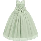 Dypaha Lace Applique Flower Girl Dress for Wedding Kids Puffy Tulle Long Pageant Dress Bowknot Princess Prom Ball Gowns