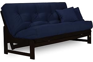 NIRVANA FUTONS Arden Dark Espresso (Near Black) Futon Set Queen Size - Armless Futon Frame with Mattress Included (Twill Navy Blue), Space Saving Sofa Bed Sleeper