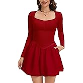 CAPE CLIQUE Long Sleeve Mini Dress for Women Sweetheart Neck Casual Bubble Dress A Line Drop Waist Short Dress with Pockets