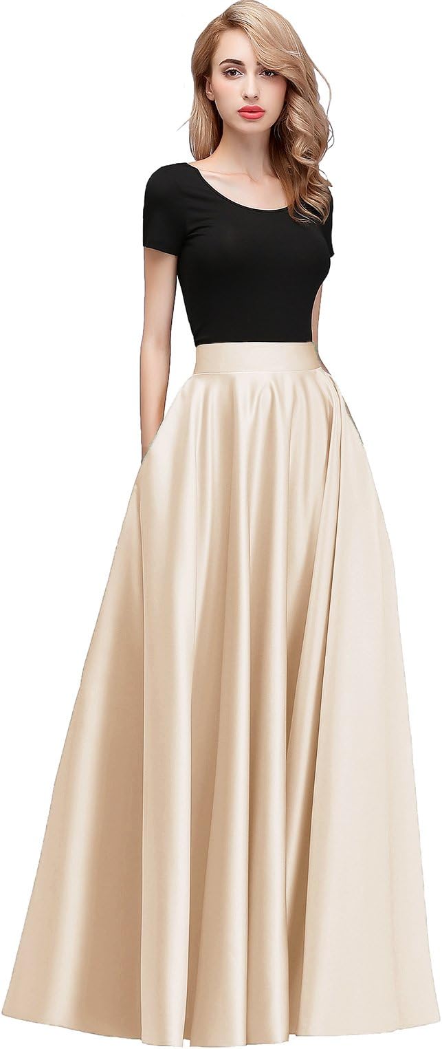 Honey Qiao Women Satin Skirts Long Floor Length High Waist Fomal Prom Party Skirts with Pockets Back Zipper Closure