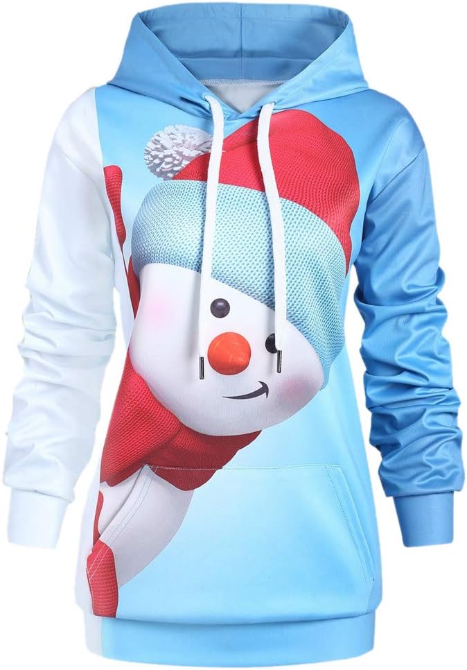 Auifor Women Sweatshirts Casual Chic Long Sleeve Hooded Gradient Colour Curious Christmas Snowman Print Jumper Winter Xmas Tops Blouse