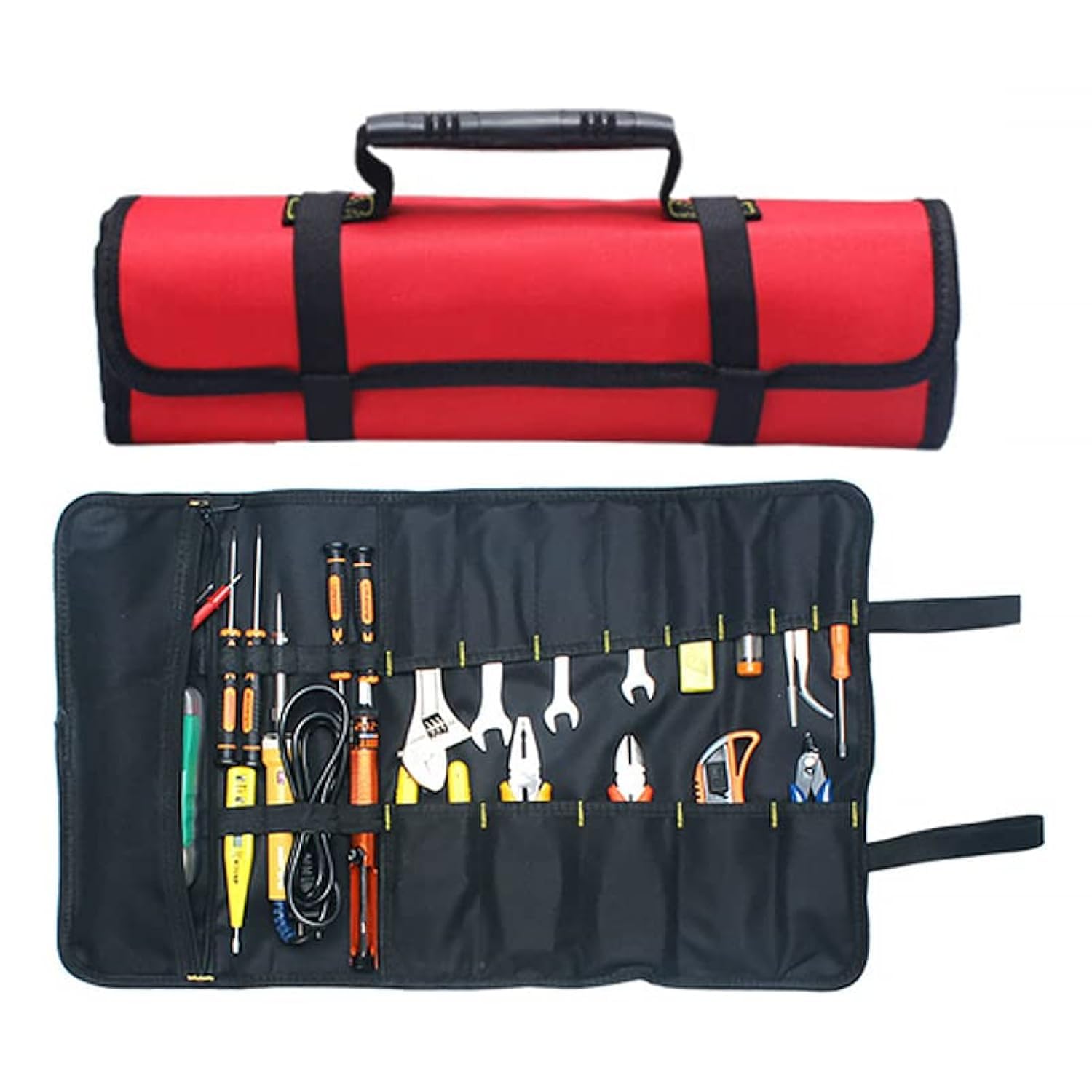 Portable Tools Bag BE-TOOL 22 Pockets 600D Oxford Canvas Tool Roll Up Bag Big Tote Carrier Organizer, Easy Storage & Portable Best for Craftwork Handymen Repairmen RED