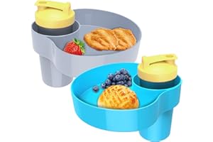 OMYPOTT 2PCS Kids Car Seat Snack Tray, Travel Tray for Kids Car Seat with Cup Holder, Toddlers Road Trip Essential Travel Snacks Food Plate for Stroller, Safety Seats (Blue+Gray)