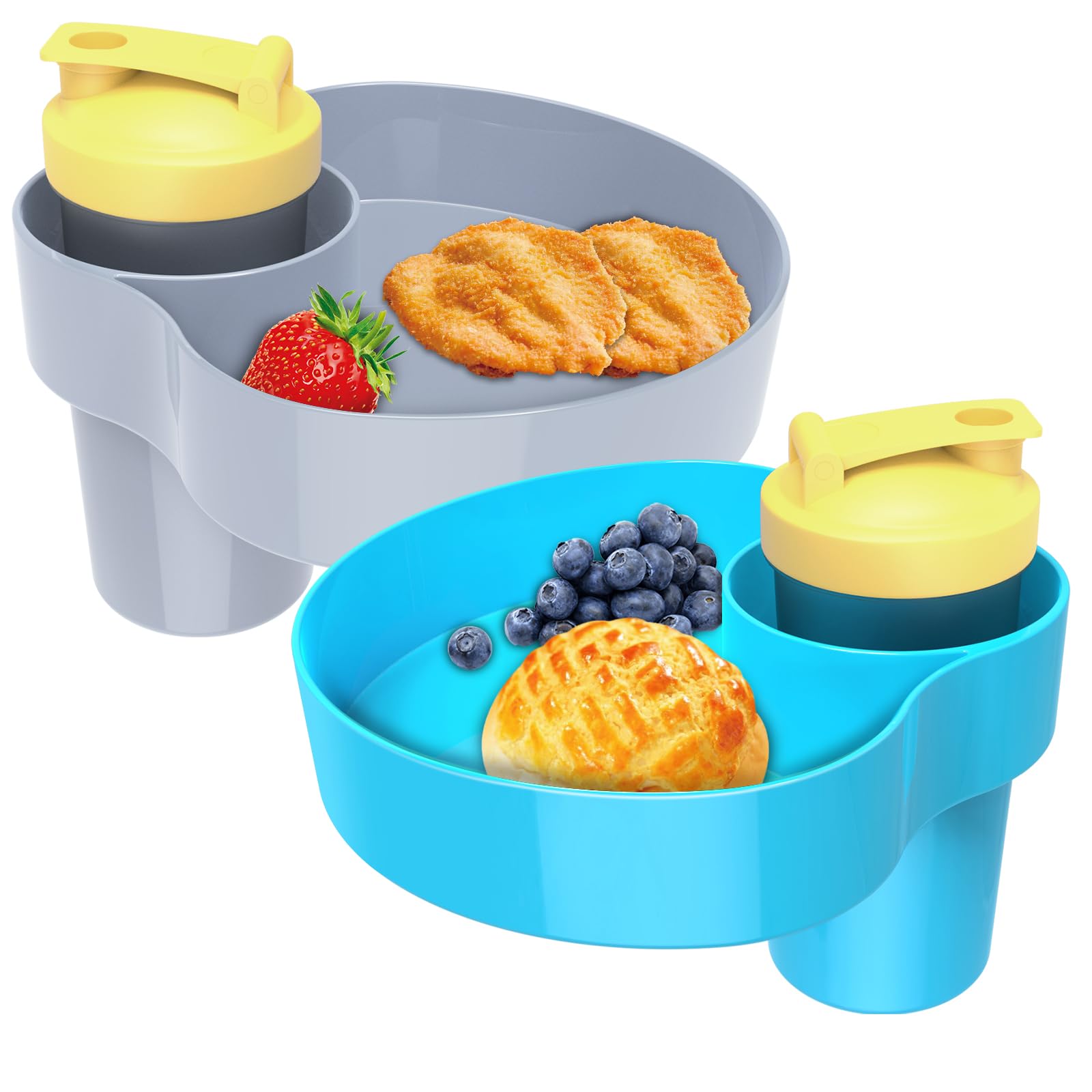 Photo 1 of OMYPOTT 2PCS Kids Car Seat Snack Tray, Travel Tray for Kids Car Seat with Cup Holder, Toddlers Road Trip Essential Travel Snacks Food Plate for Stroller, Safety Seats (Blue+Gray)