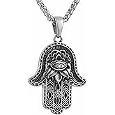 AsAlways Stainless Steel Hand of Fatima Pendant Vintage Amulet Charm Relief Carving Evil Eye Hamsa Hand Necklace Religious Gifts